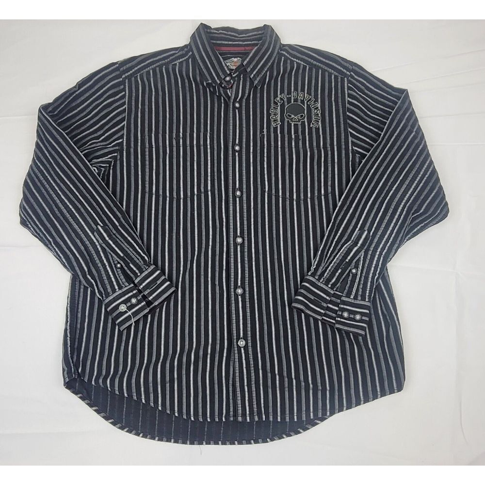 Harley Davidson Button Up Shirt‎ Mens Large. Vintage Black Striped Longsleeve.